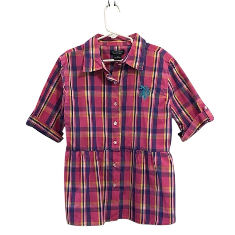 US POLO ASSN. PINK AND BLUE PLAID GIRLS ROLL TAB SHORT SLEEVE SHIRT SIZE 12